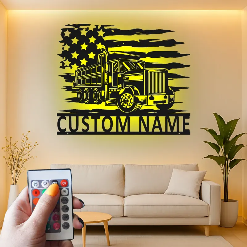 Décoration murale en métal personnalisée avec rétroéclairage LED de camion benne - Cadeau pour passionnés de camions - Décor garage ou man cave