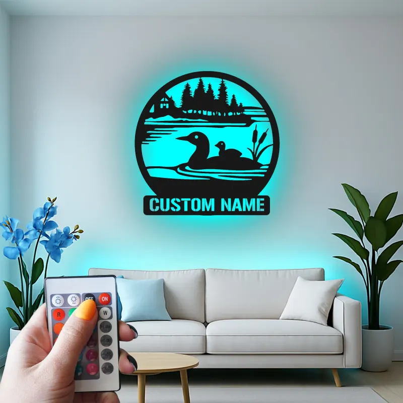 Panneau métallique personnalisé plongeon huard avec LED | Décoration murale pour maison de lac | Déco rustique pour amoureux de la nature