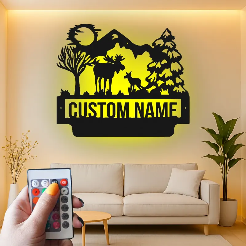 Personalized Moose Metal Wall Art | LED Wildlife Scene | Custom Family Name Sign for Cabin, Lodge & Rustic Home Decor