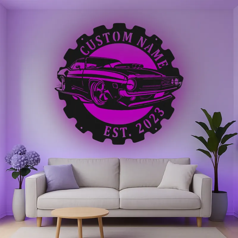 Décoration murale en métal personnalisée pour voiture de muscle avec rétroéclairage LED - Cadeau pour passionnés de voitures - Décor de garage