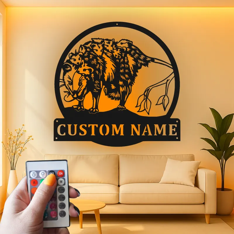 Opossum LED Metallschild | Personalisierte Wildtier-Dekoration aus Virginia | Geschenk für Naturfreunde | Rustikales Cabin-Dekor