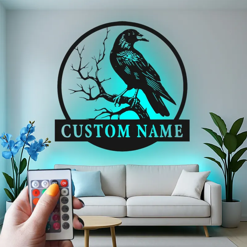 Insegna in metallo LED personalizzata con corvo - Regalo unico per amanti degli uccelli e decorazione per ufficio o soggiorno