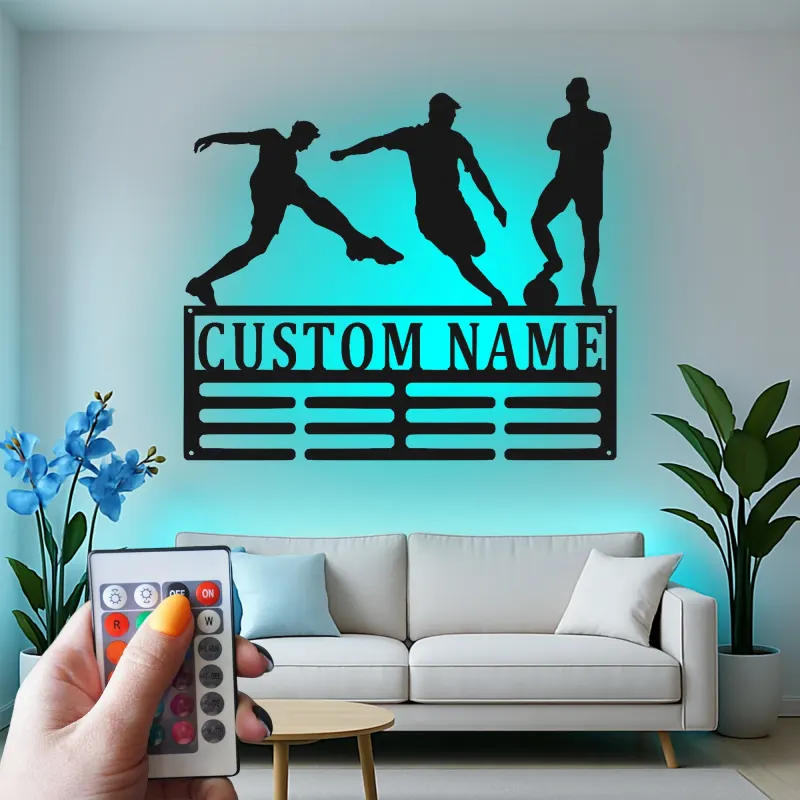 Insegna in Metallo Personalizzata per Calciatore | Arte Murale LED con Nome Personalizzato | Decorazione per Stanza di Gioco per Atleti | Regalo per Ragazzo Adolescente