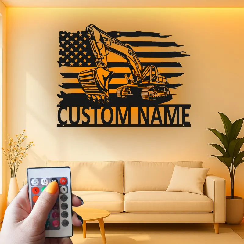 Décoration métallique LED personnalisée d’excavatrice | Panneau prénom avec drapeau américain | Déco d’engin lourd pour garage | Cadeau pour conducteur d’engins