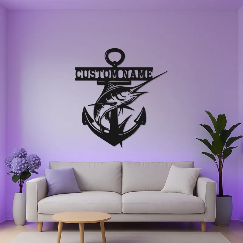 Custom Marlin Anchor Sign | Personalized LED Metal Wall Art | Deep Sea Fishing Decor for Man Cave Gift | Nautical Wall Decor