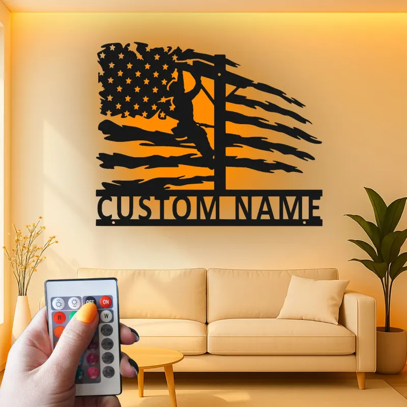 Custom Lineman Metal Sign | American Flag LED Wall Art | Personalized Patriotic Gift for Electrician | Utility Worker Decor
