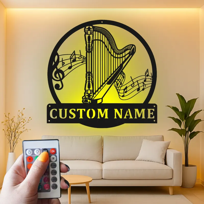 Personalized Harp LED Sign | Custom Metal Wall Art | Musician Gift & Music Room Decor | Luminous Instrument Accent