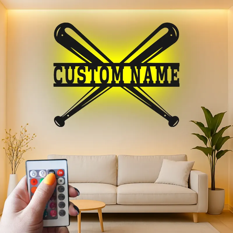 Insegna in metallo personalizzata con luce LED per mazze da baseball, regalo sportivo personalizzato per fan del baseball, decorazione per sala giochi