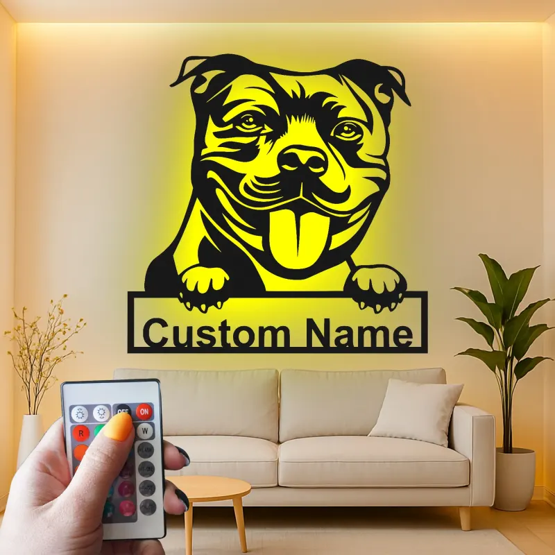 Décoration murale en métal LED personnalisée pour Pit Bull - Cadeau pour amoureux des chiens - Décor pour salon