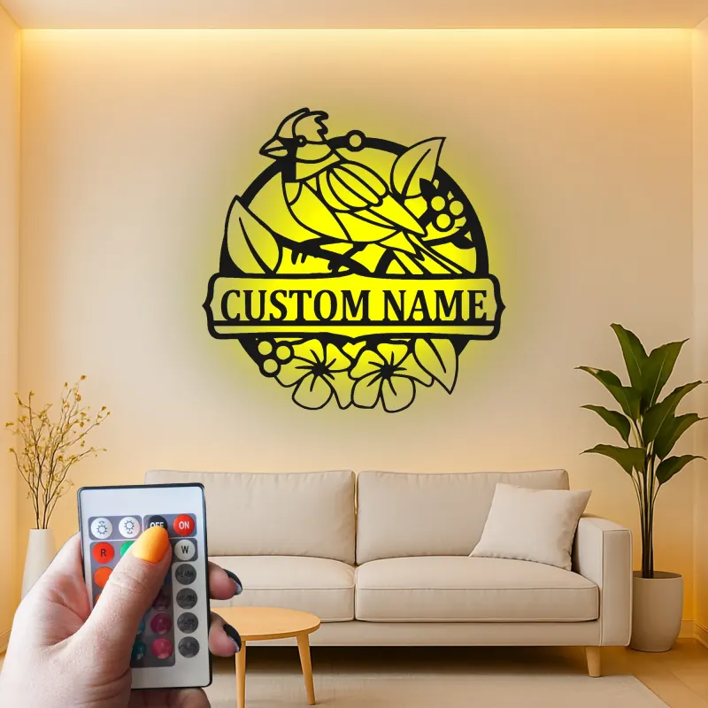 Insegna in metallo personalizzata con uccello e fiori e luce LED regalo per amanti della natura decorazione per soggiorno o giardino