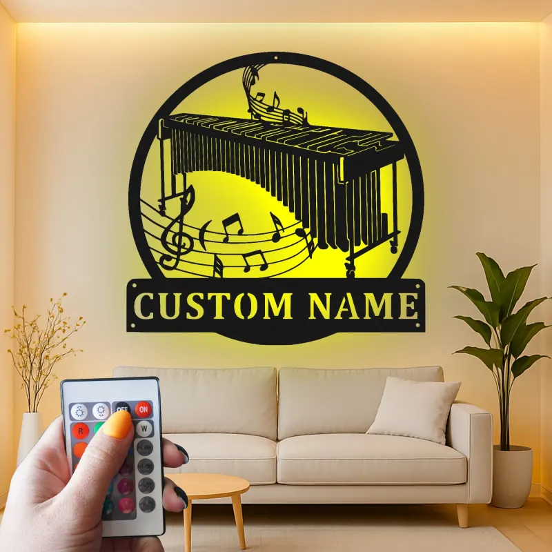 Decoración mural de metal personalizada con marimba | Letrero LED a medida para sala de música | Placa con nombre para músico | Decoración de estudio