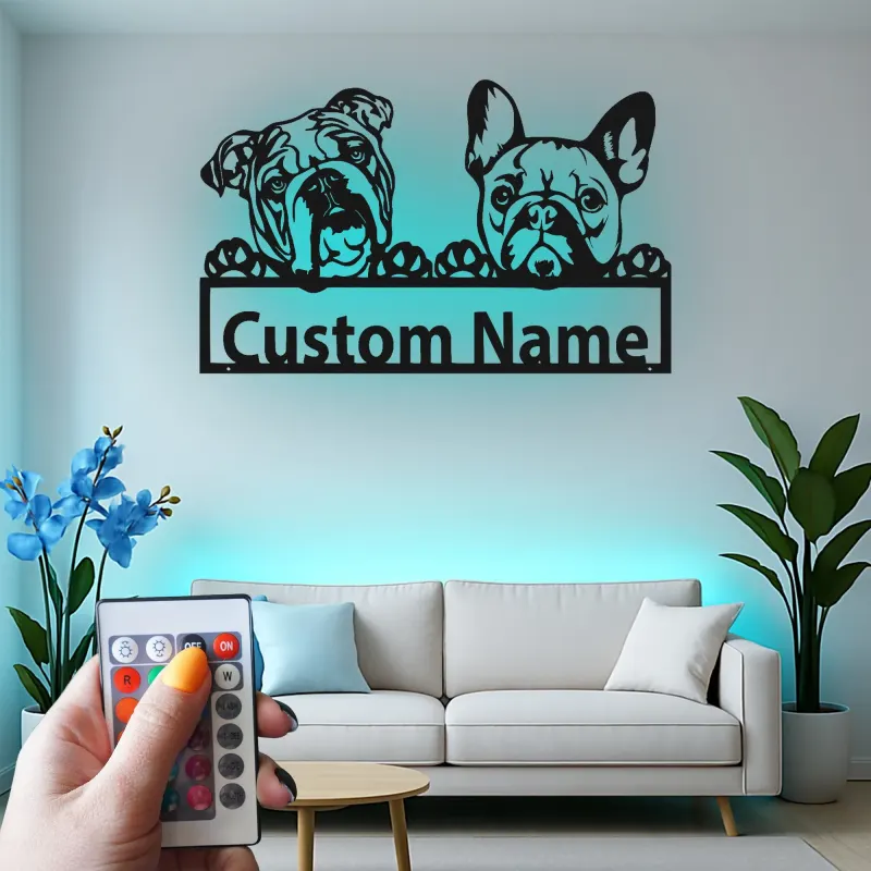 Cartel de metal LED personalizado de Bulldog y Bulldog Francés, regalo para amantes de los perros, decoración para la sala de estar