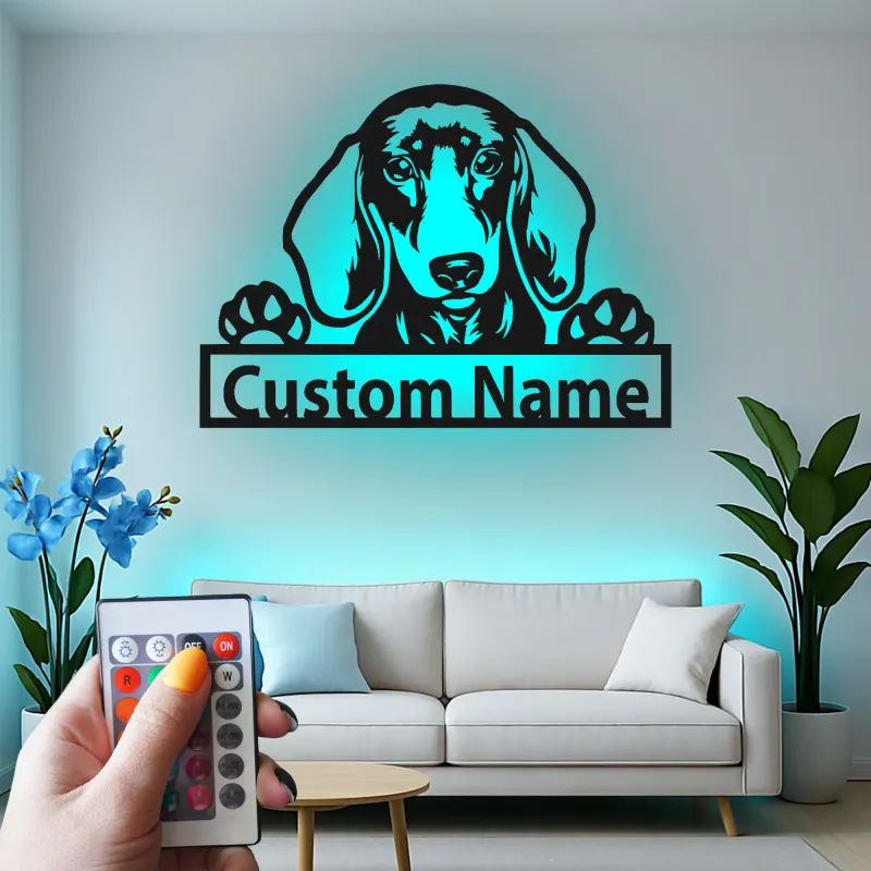 Cartel de metal LED personalizado de Dachshund, regalo para amantes de los perros, decoración para el salón 1