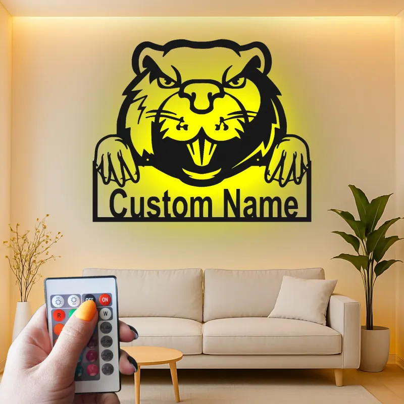 Insegna in metallo LED personalizzata con castoro - Regalo unico per amanti degli animali, decorazione per ufficio o sala giochi