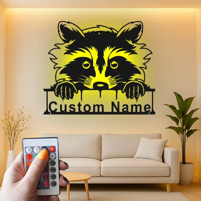 Panneau Métallique Raton Laveur Personnalisé | Plaque de Nom Rétroéclairée pour Nursery | Décor de Chambre d'Enfant Animaux de la Forêt