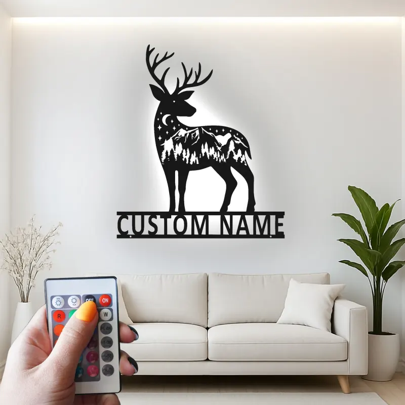 Insegna in metallo personalizzata con silhouette di cervo e luce LED regalo per amanti della natura decorazione per chalet o lodge