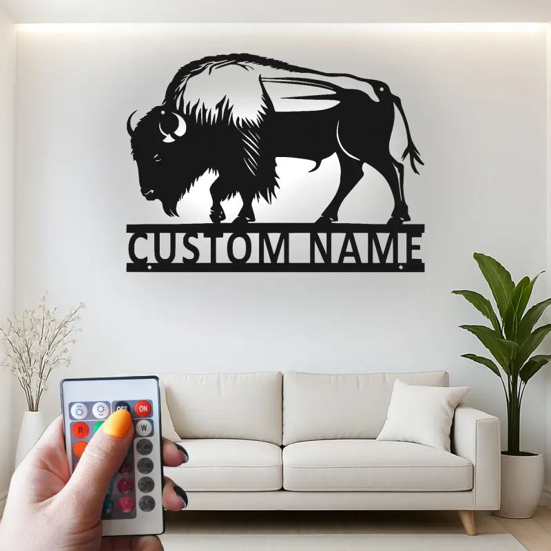 Insegna in metallo LED personalizzata con bisonte - Regalo selvatico per la casa - Decorazione rustica per soggiorno