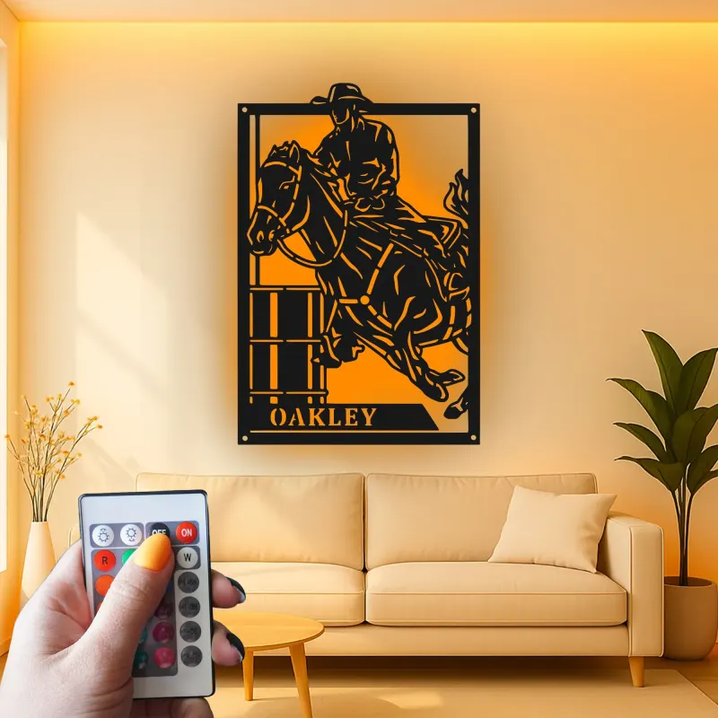 Décoration murale en métal personnalisée avec rétroéclairage LED de cavalier de baril - Cadeau équestre pour les amoureux des chevaux - Décor western pour le salon