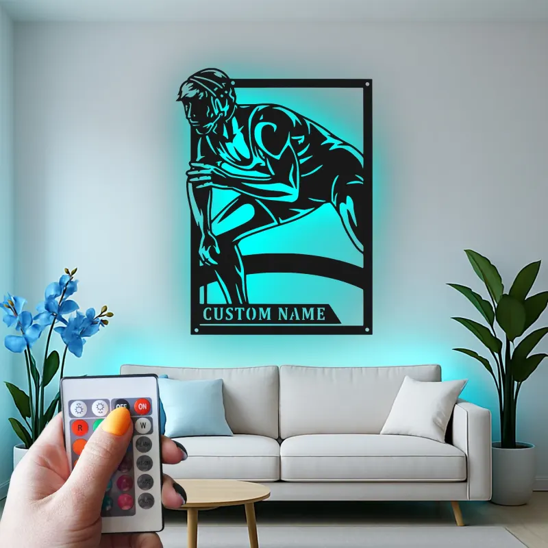 Custom Wrestler Led Light Metal Wall Art Personalized Gift for Athletes Gym or Sports Room Decor