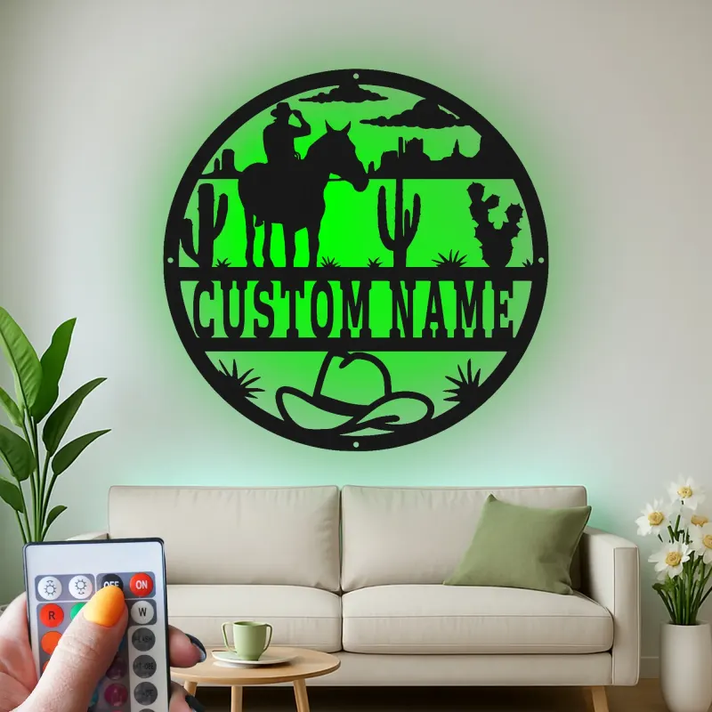Cartel de metal LED personalizado de vaquero y caballo, regalo western para él, decoración rústica para rancho 3