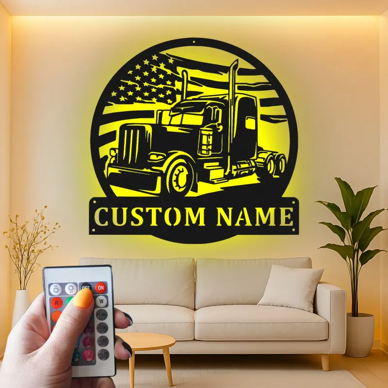 Panneau Métallique LED Personnalisé de Camion Semi | Art Mural avec Drapeau Américain | Cadeau Personnalisé pour Camionneur pour Man Cave & Garage