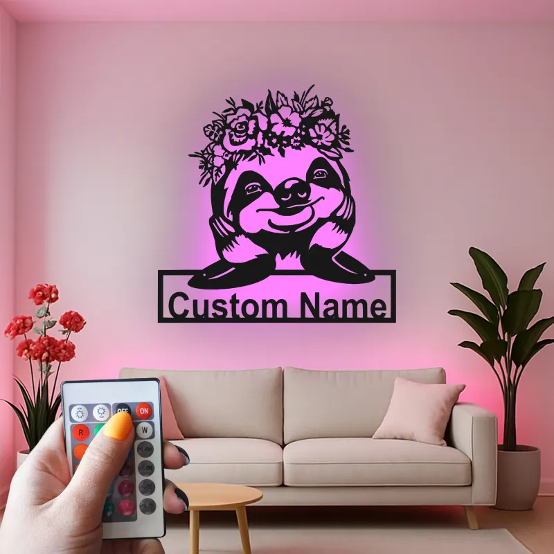 Insegna con Nome Personalizzata di Bradipo con LED | Insegna in Metallo Personalizzata | Decorazione per Nursery e Stanza dei Bambini | Luce Animale Floreale
