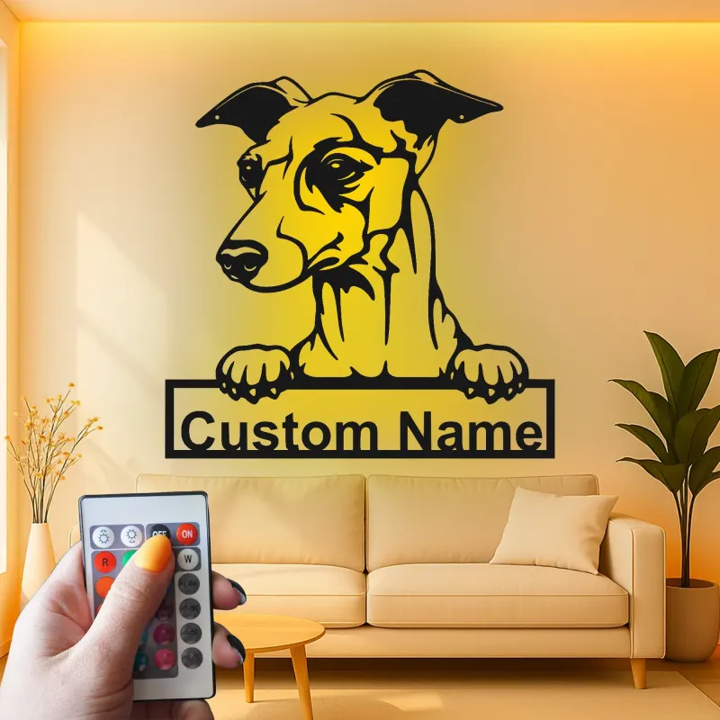 Cartel personalizado con nombre de galgo | Decoración mural de metal con LED | Decoración personalizada para mascotas en la entrada | Regalo para amantes de los perros