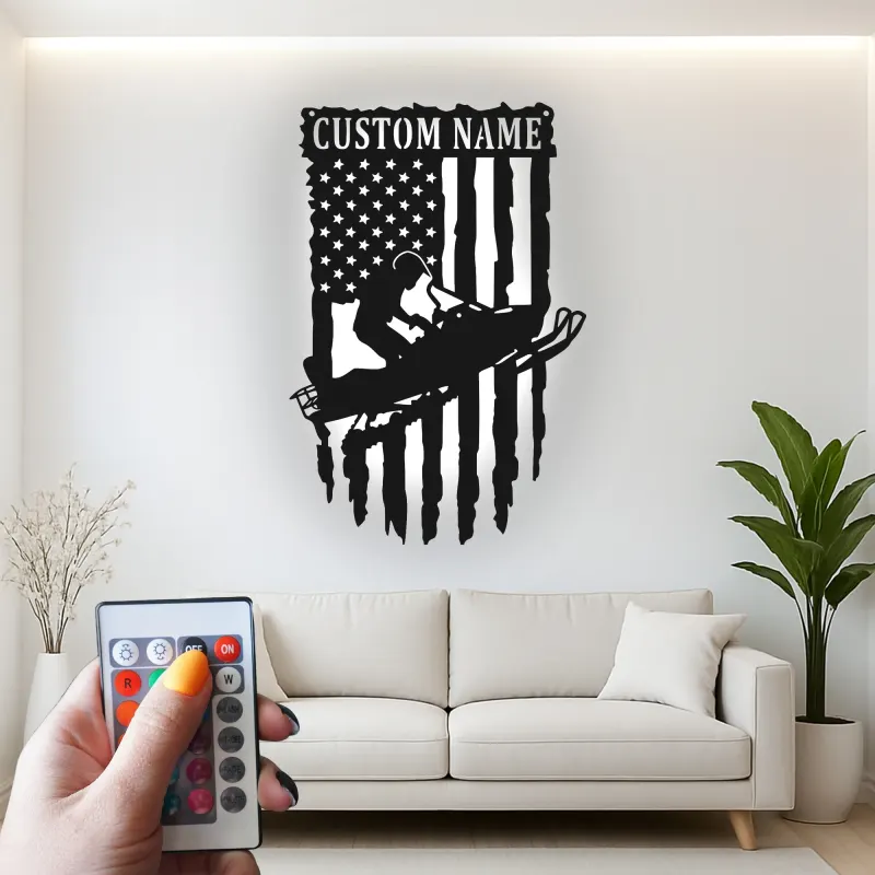 Custom Snowmobile Metal Sign | Personalized American Flag LED Art | Winter Sports Decor for Garage | Snowmobiler Gift