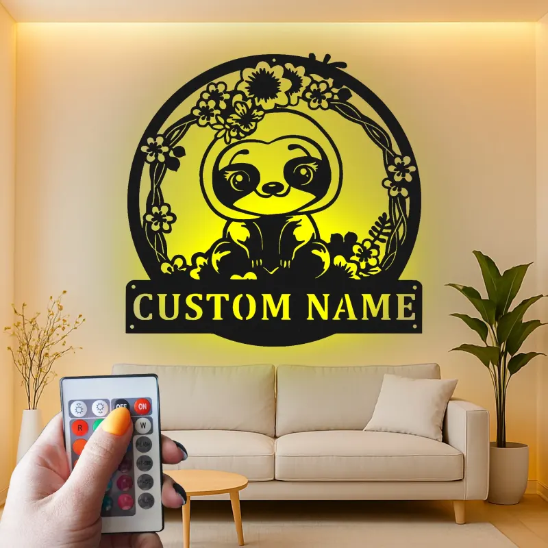 Custom Baby Sloth LED Metal Sign | Floral Nursery Wall Art | Personalized Kids Room Decor | Light Up Animal Name Gift