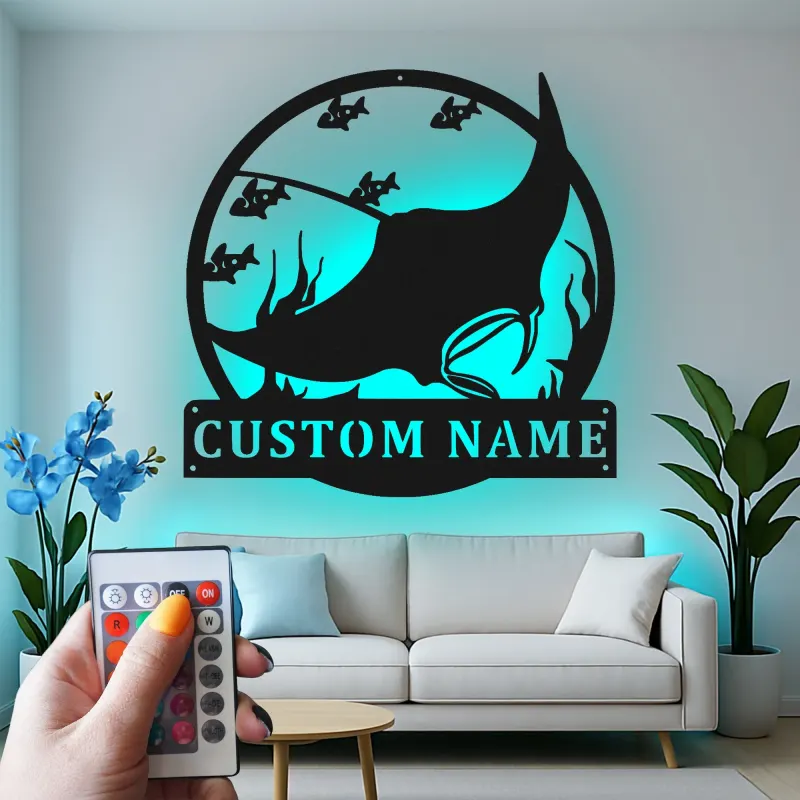 Custom Manta Ray Metal Wall Art | LED Ocean Life Sign | Personalized Nautical Decor for Beach House | Gift for Marine Lovers