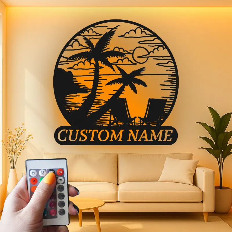 Décoration murale en métal personnalisée coucher de soleil sur la plage avec rétroéclairage LED cadeau côtier pour couples décoration de salon ou patio