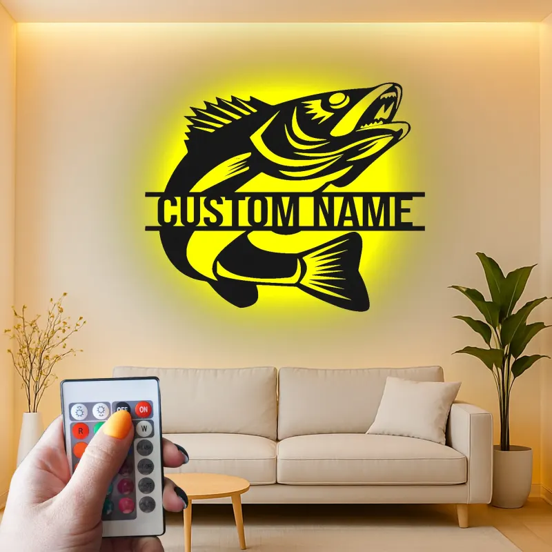 Insegna in metallo personalizzata con pesce e LED | Regalo personalizzato per pescatore | Arredo murale per casa al lago e baita