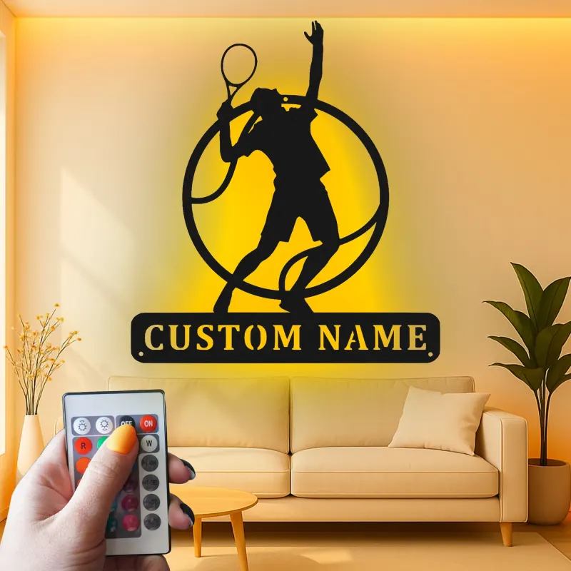 Arte murale in metallo per giocatore di tennis personalizzata | Insegna LED personalizzata per sala giochi | Regalo decorativo per atleta