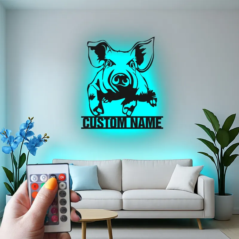 Cartel de cerdo personalizado | Arte mural de metal LED | Decoración de granja moderna | Regalo para amantes de cerdos para guardería y cocina