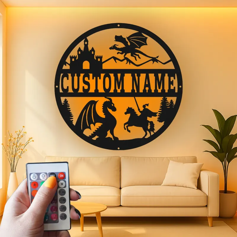Insegna in metallo LED Drago e Castello Regalo Fantasia per Decorazione Camera Bambini per Amanti dell'Avventura