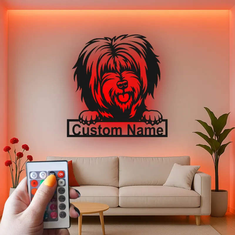 Cartel de metal LED de perro peludo personalizado, regalo para amantes de las mascotas, decoración para salón o espacio para mascotas