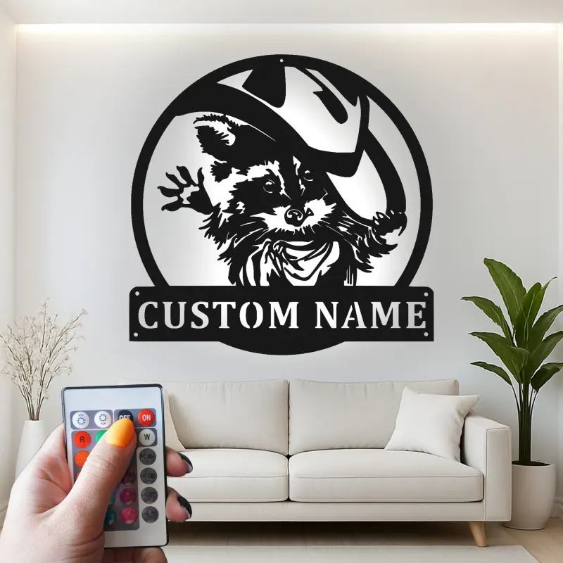 Décoration murale en métal personnalisée Raton laveur cowboy avec rétroéclairage