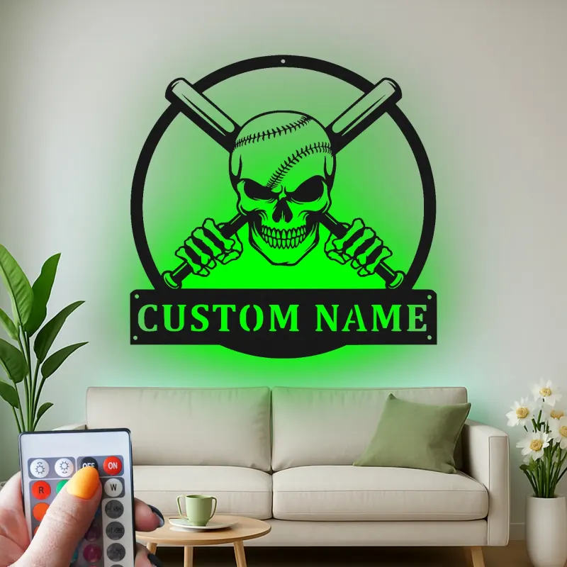 Custom Baseball Skull Led Light Metal Wall Art Personalized Gift for Sports Fans Game Room Decor