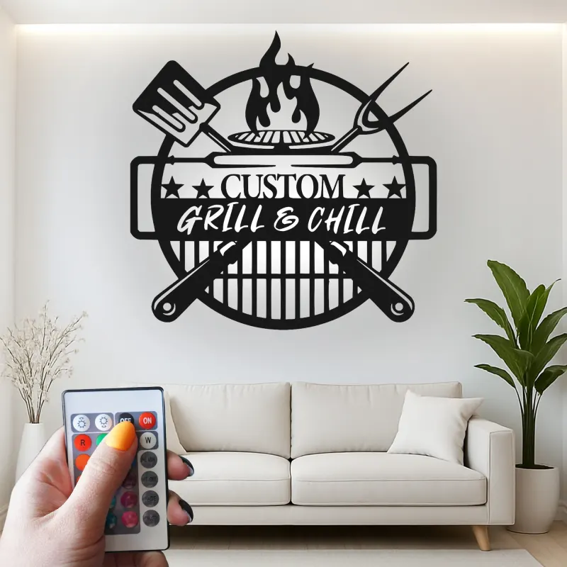 Custom Grill & Chill LED Metal Sign | BBQ Patio Wall Decor | Outdoor Kitchen Art | Personalized Gift for Grill Master Dad