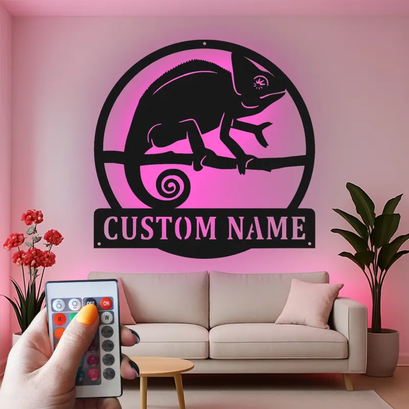 Cartel de metal LED personalizado de camaleón, regalo único para amantes de los reptiles, decoración de dormitorio o salón 1