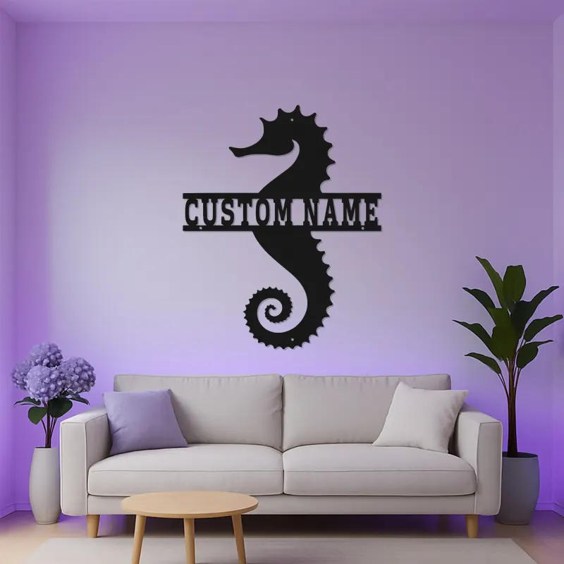 Panneau Métal LED Hippocampe Personnalisé | Décoration Murale Nautique Personnalisée | Décor Maison de Plage & Cadeau pour Amoureux de l'Océan