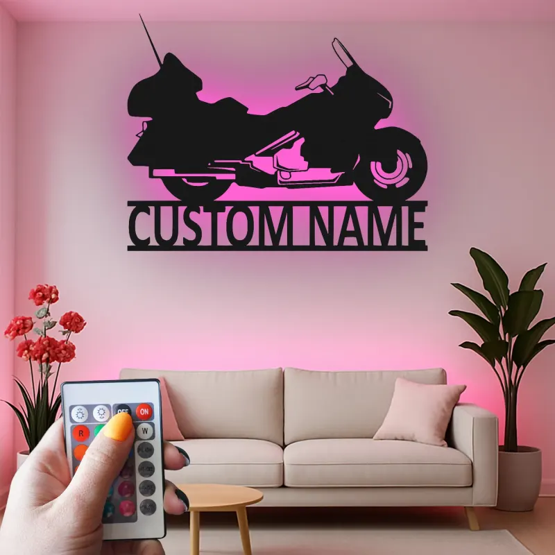 Personalized Motorcycle Metal Wall Art | Custom Biker Name Sign with LED | Touring Bike Garage Decor for Rider