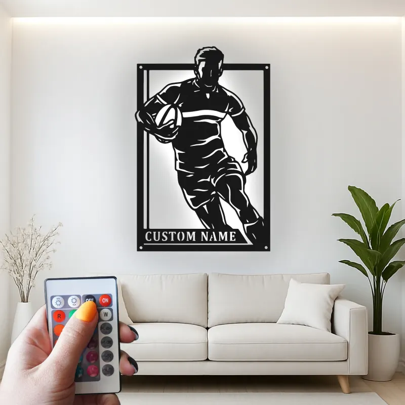 Custom Rugby Player Metal Sign | Personalized LED Wall Art | Sports Decor for Game Room | Gift for Athlete Coach