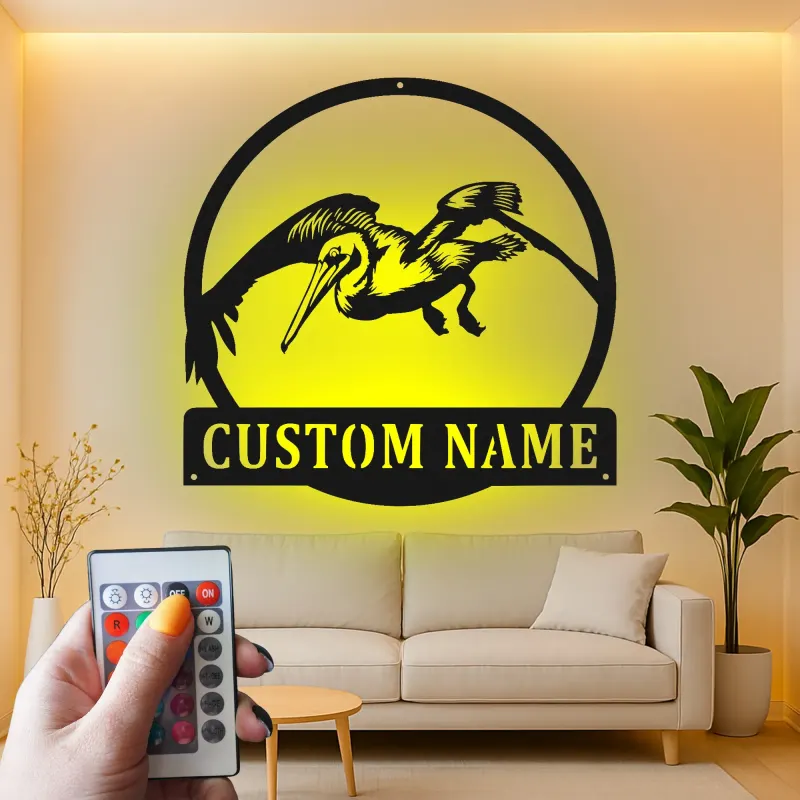 Custom Pelican LED Metal Sign | Personalized Beach House Name Plaque | Coastal Nautical Wall Art for Patio & Home Bar