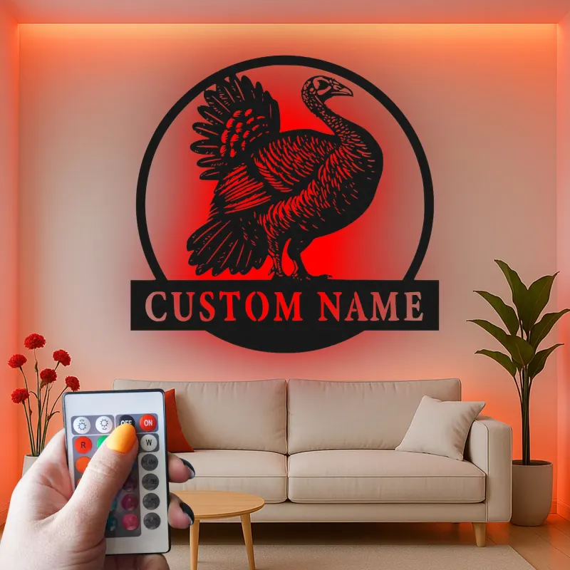 Décoration murale en métal LED personnalisée avec dinde - Cadeau pour chasseurs, décoration de ferme rustique