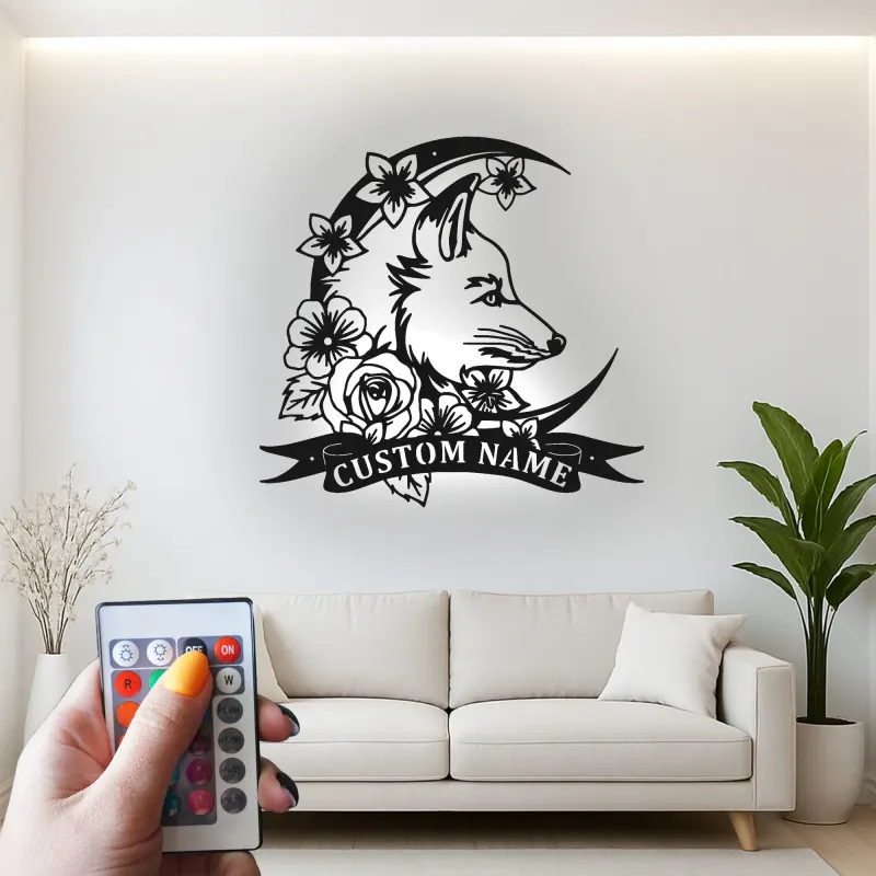 Personalized Fox LED Sign | Custom Metal Wall Art with Floral Moon | Boho Wildlife Decor for Nursery or Office | Hand-Crafted Gift
