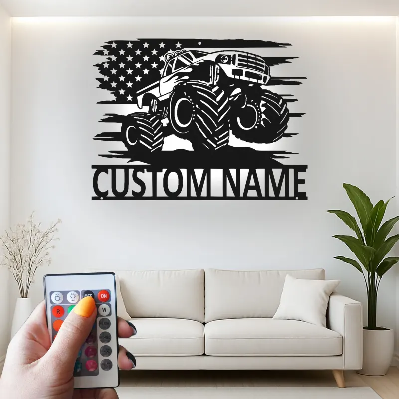 Personalisierte Monstertruck LED-Schild | Metall-Wandkunst mit amerikanischer Flagge | Maßgeschneiderte Garagen-Dekoration für das Kinderzimmer