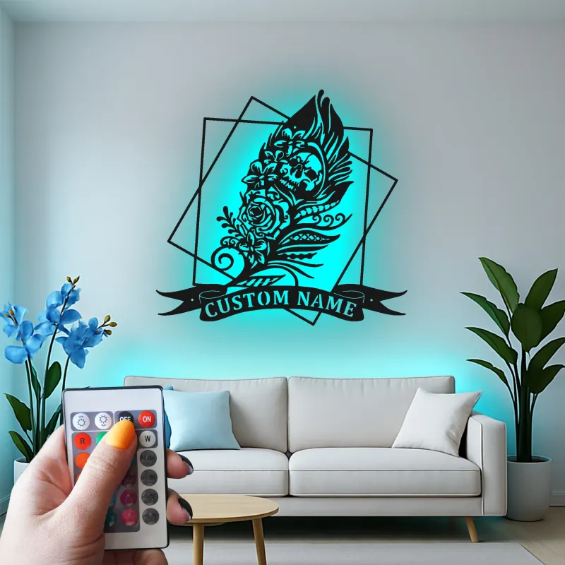Décoration murale en métal LED crâne gothique | Décor personnalisé style tatouage | Panneau prénom sur mesure pour chambre ou studio