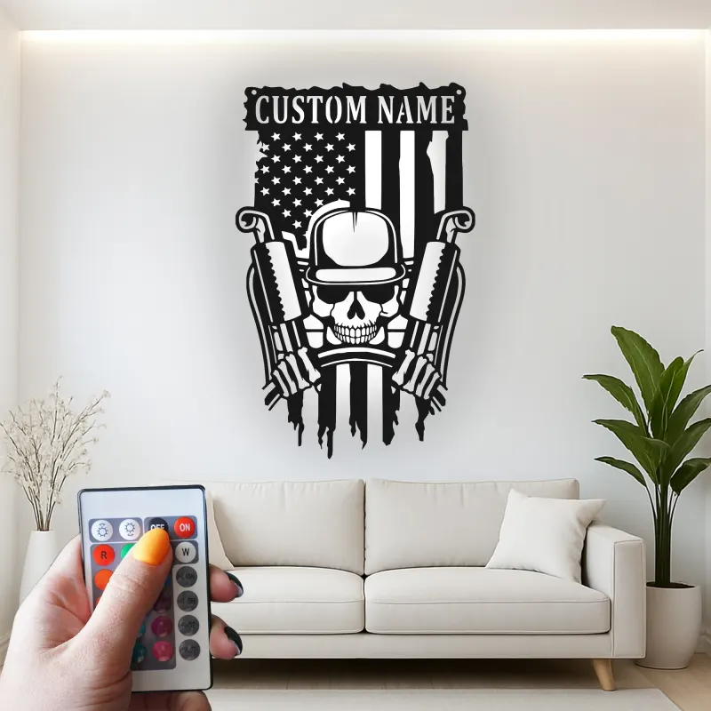 Cartel de Metal LED Personalizado con Calavera y Armas | Arte Mural Patriótico de la Bandera Americana | Regalo Personalizado para Veteranos Militares para Cueva de Hombre o Garaje