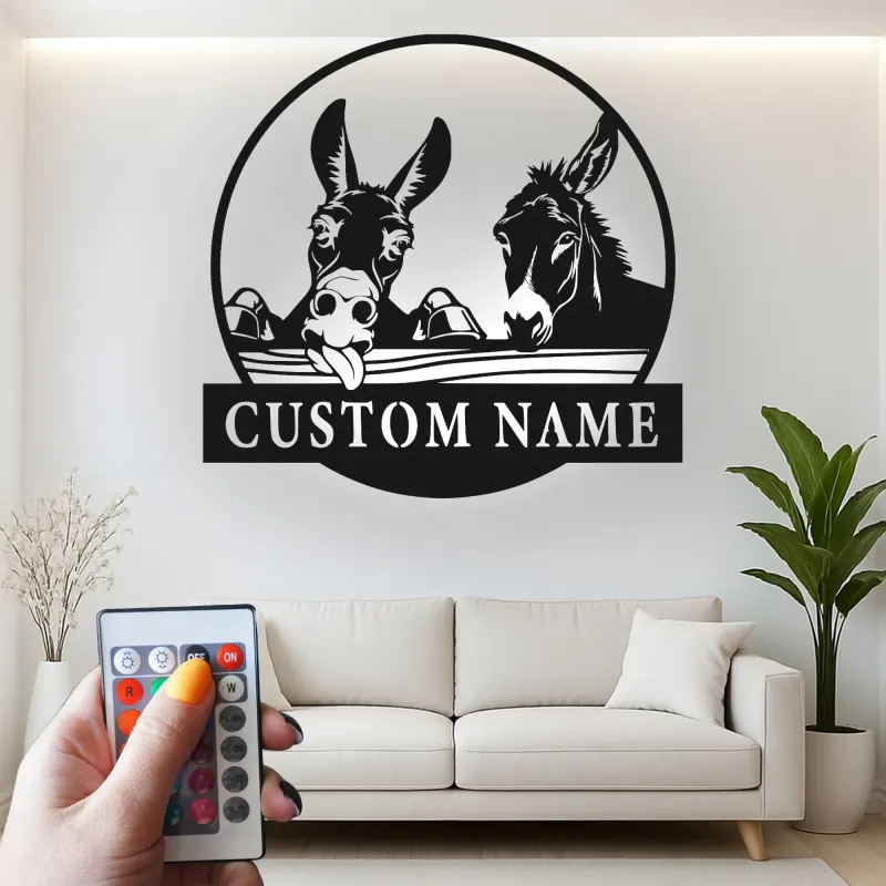 Custom Donkey Duo Led Light Metal Wall Art Personalized Farmhouse Gift Rustic Home Decor for Animal Lovers